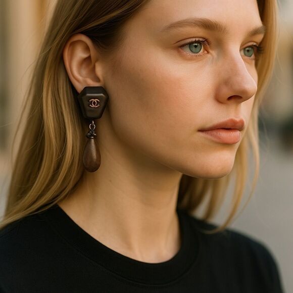 Elegant Chanel Black Brown Drop Earrings - Picture 1 of 5